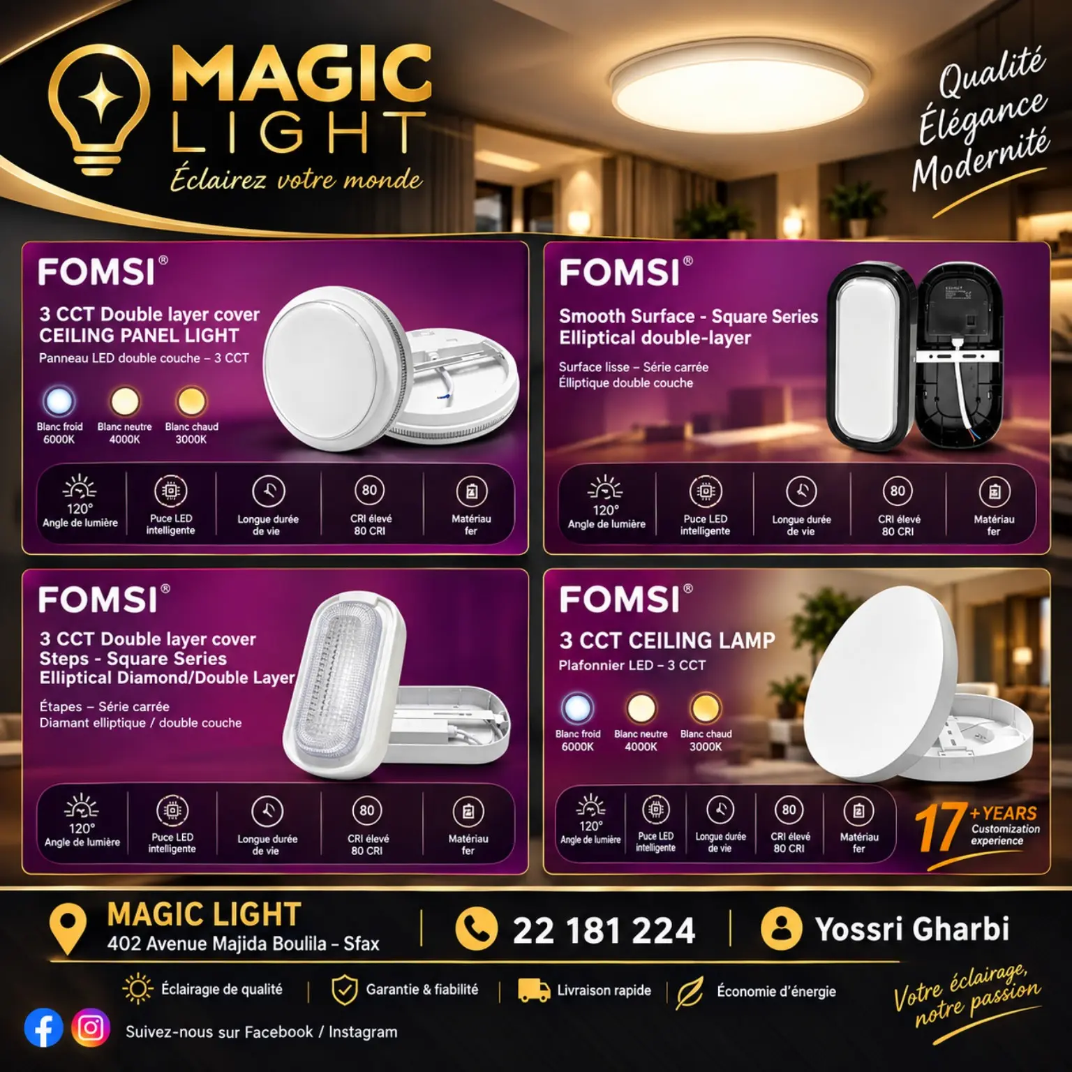 FOMSI panneaux LED 3 CCT